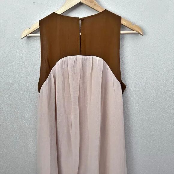 MYSTREE | NWT Embroidered Yoke Dress Crinkle Chiffon Taupe Nude Lavender | Large - Picture 5 of 6